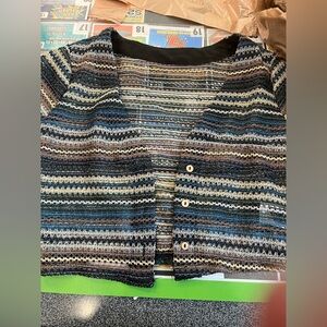 SHEIN Multistripe Crochet Cardigan in Black, Blue, Brown